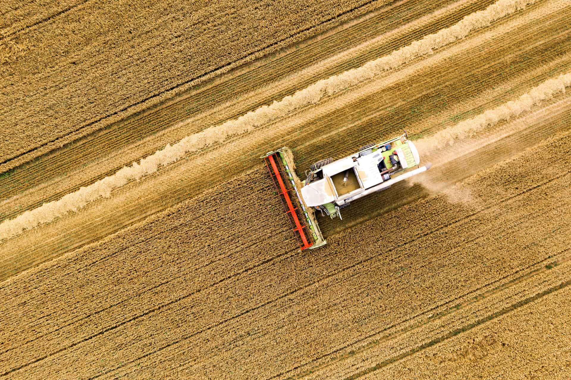 Vedere de sus a unei combine agricole în acțiune, recoltând culturile, cu date monitorizate prin aplicația AgroMonitoring.